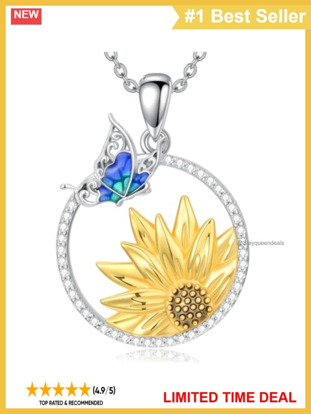 Sunflower Butterfly Teardrop Pendant Necklace 925 Sterling Silver Gift